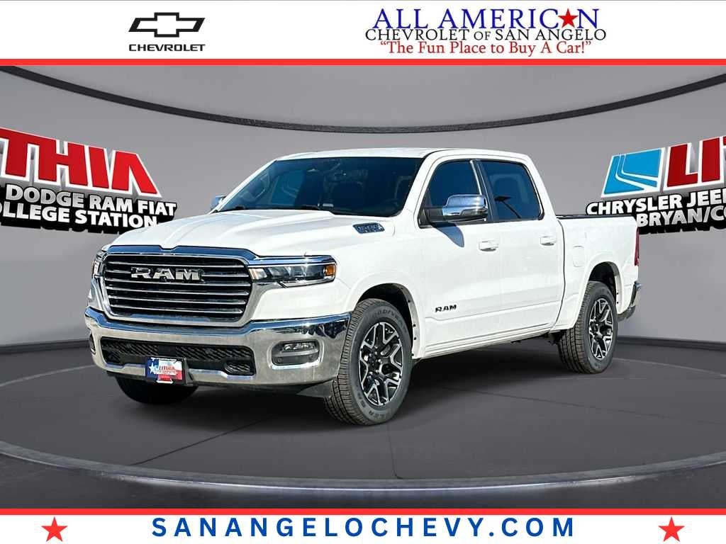2025 RAM 1500 Laramie in Whi/White — front three-quarter view