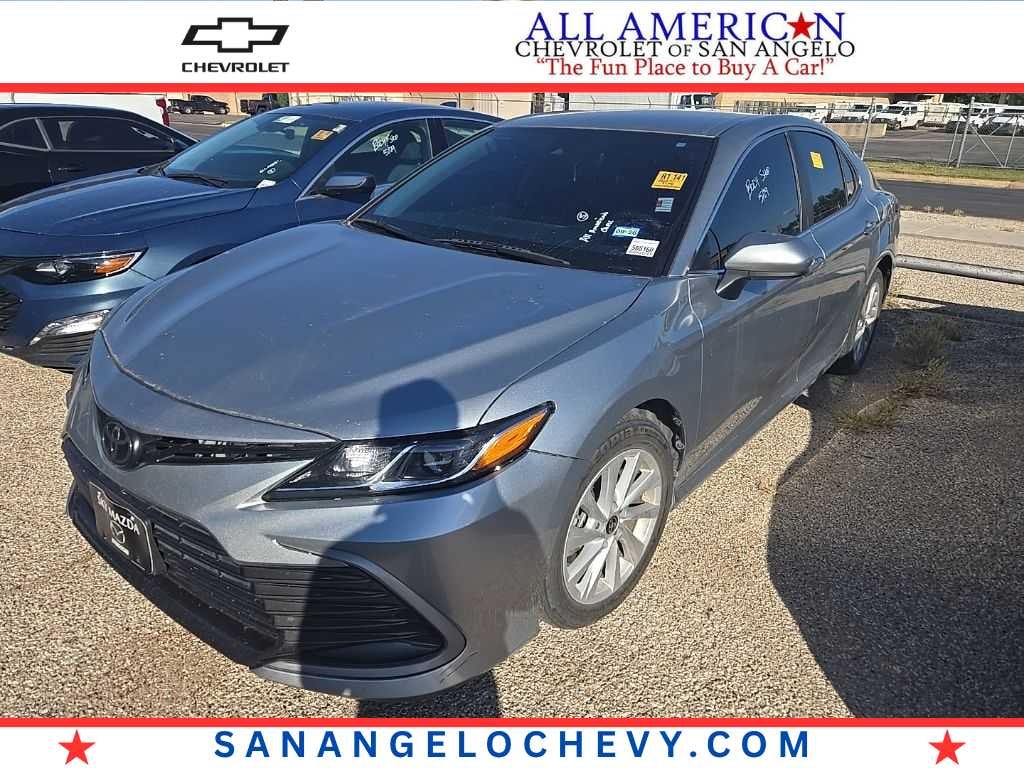 2023 Toyota Camry LE in Sil/Silver — front three-quarter view